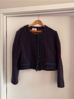 Tour Lava Vintage Striped Cropped Wool Jacket Blue Red Size M Statement Piece